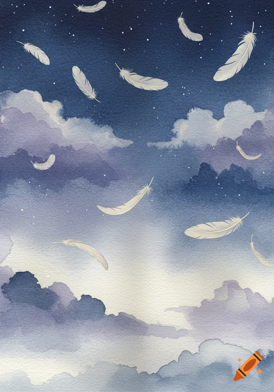 Watercolor painting of delicate cream and light gray feathers floating in a dark blue night sky with misty clouds and stars.