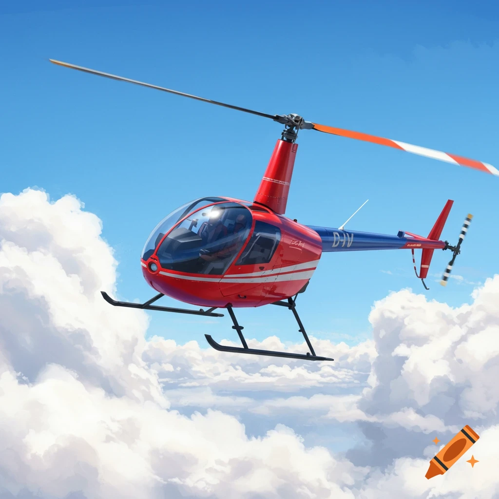 A red and blue helicopter flies above white clouds in a bright blue sky, photorealistic.