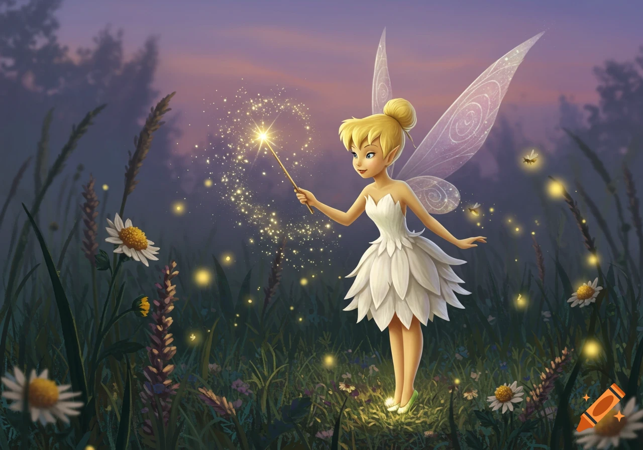 Tinkerbell, a blonde fairy in a white petal dress, casts magic with a wand in a glowing field at dusk.