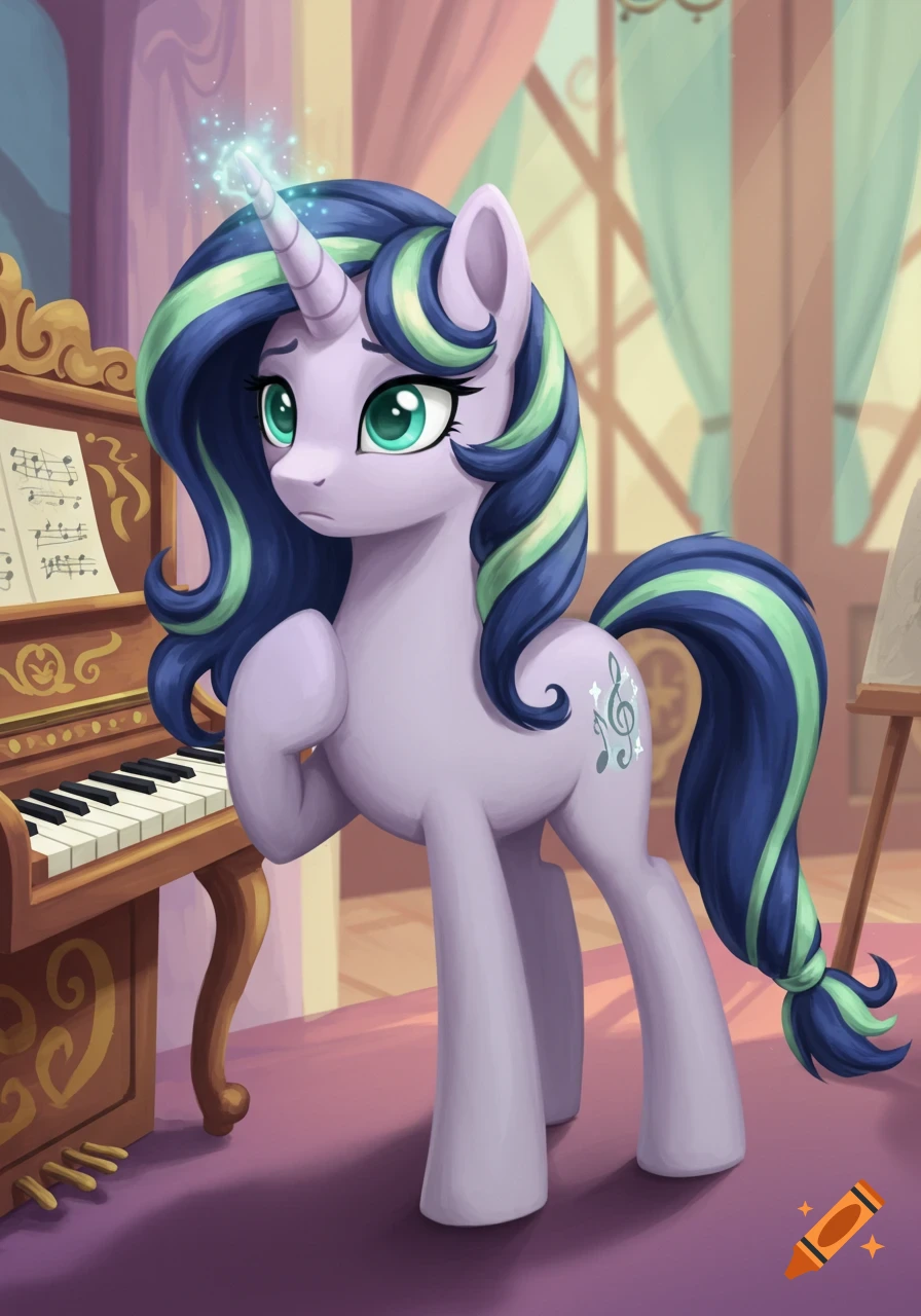 A thoughtful lavender-gray unicorn with aqua eyes and a deep indigo and pale sage green mane stands next to an ornate wooden piano with glowing sheet music.