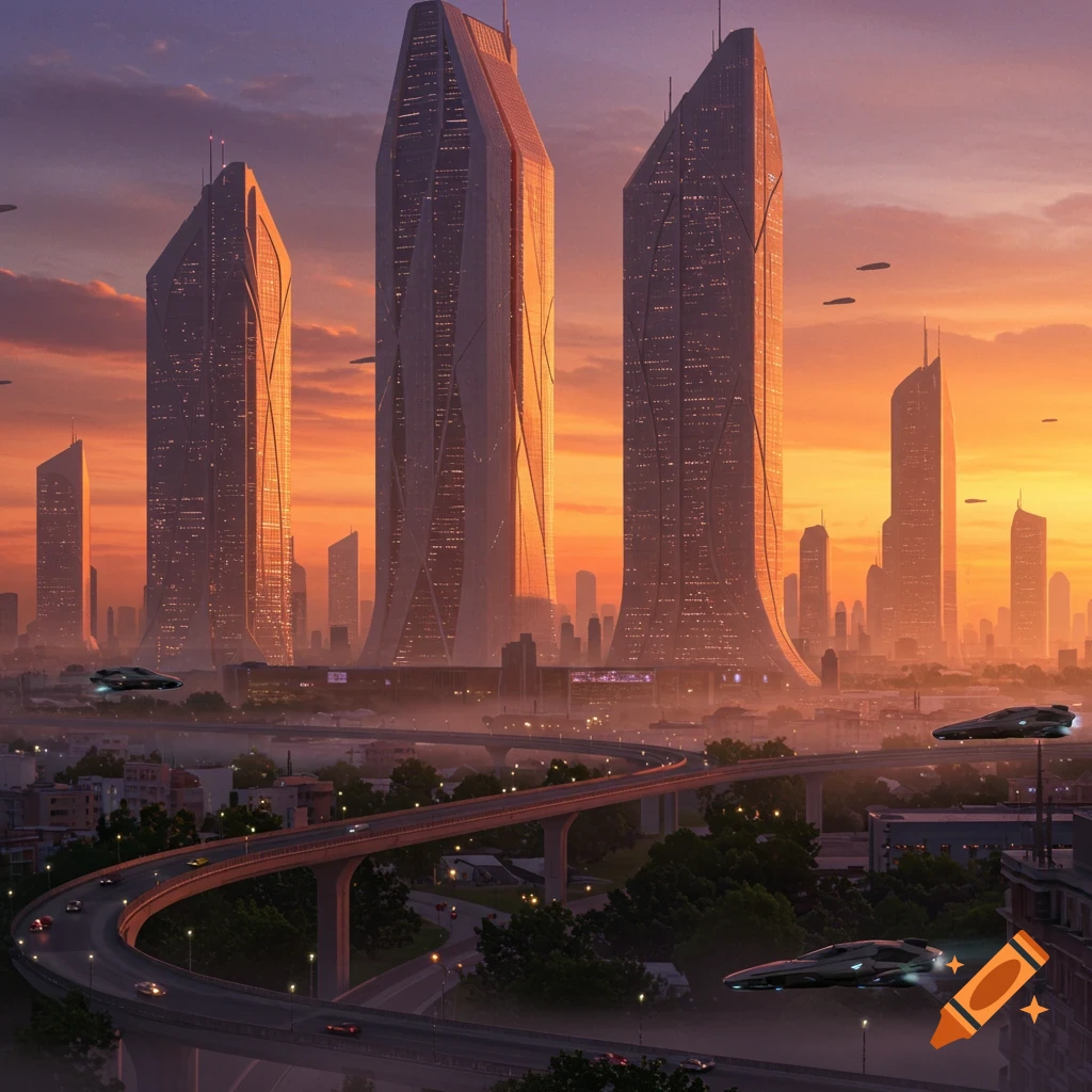 Futuristic city at sunset with towering skyscrapers, a curving highway, and flying vehicles over a hazy landscape.
