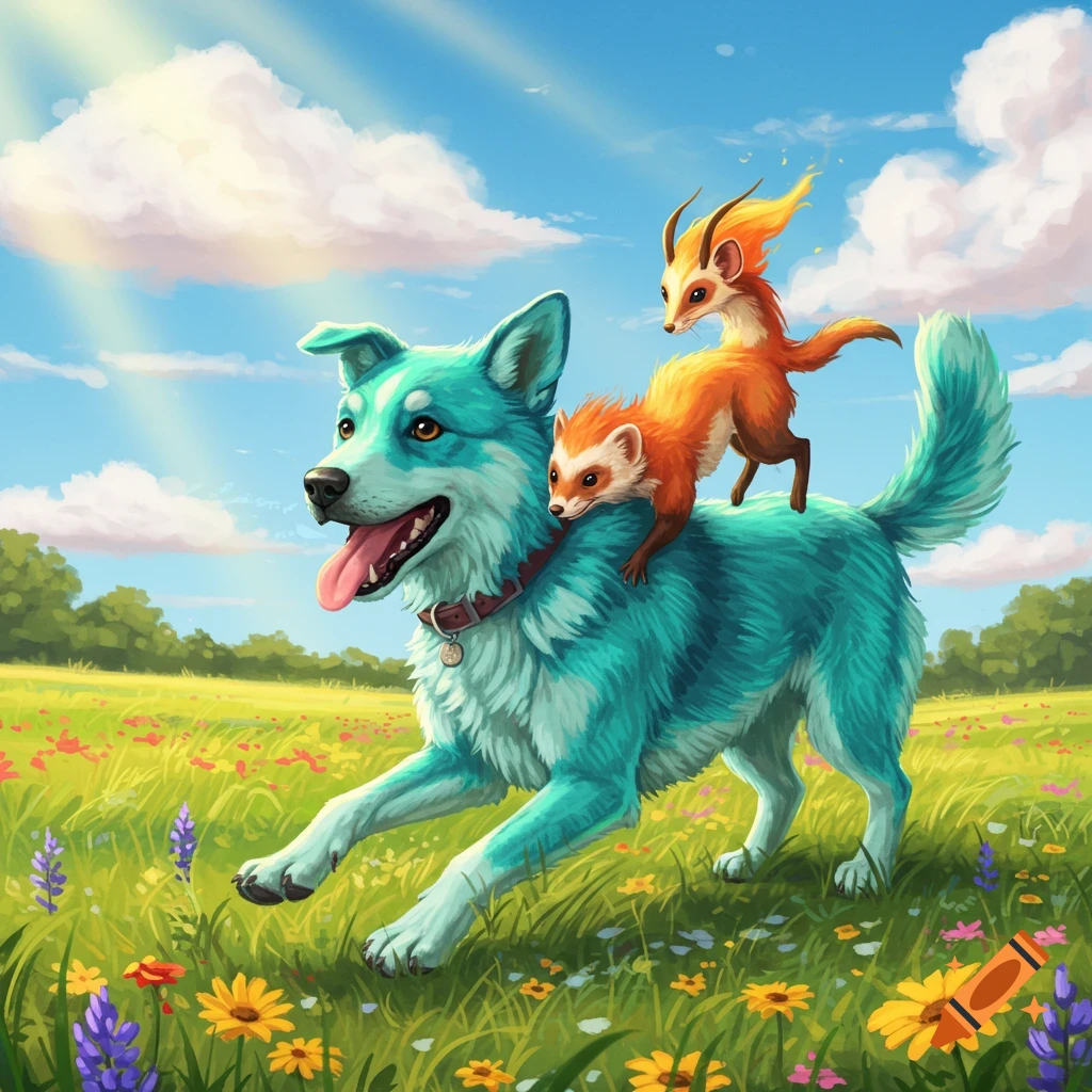 A turquoise dog with a ferret and a horned fox-like creature on its back runs through a flowery field in a digital art style.