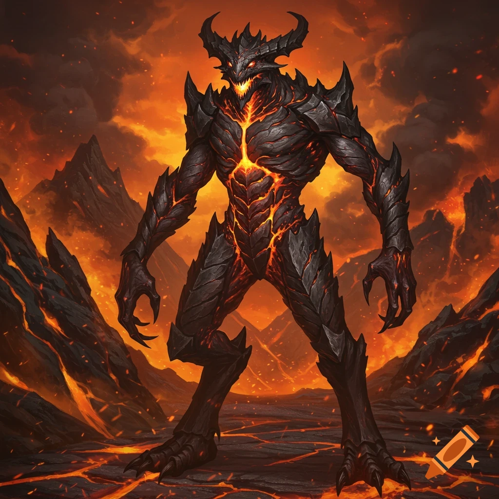 A horned, bipedal demon-like monster made of dark rock and glowing lava stands in a fiery volcanic landscape.