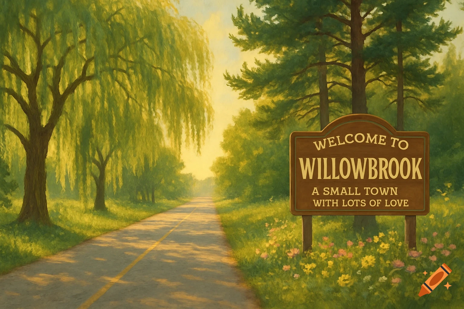 Painterly landscape with a road lined by willow and pine trees, a 'Welcome to Willowbrook' sign, and wildflowers.