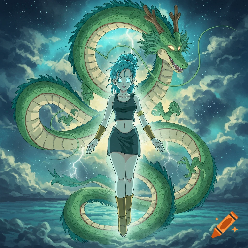An anime character with glowing eyes stands before a large green dragon, surrounded by a starry, cloudy, and electric sky above the sea.
