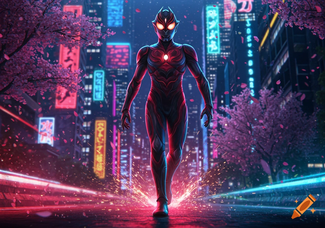 A red and black superhero figure with glowing eyes walks forward in a neon-lit cyberpunk city with cherry blossoms and falling petals.