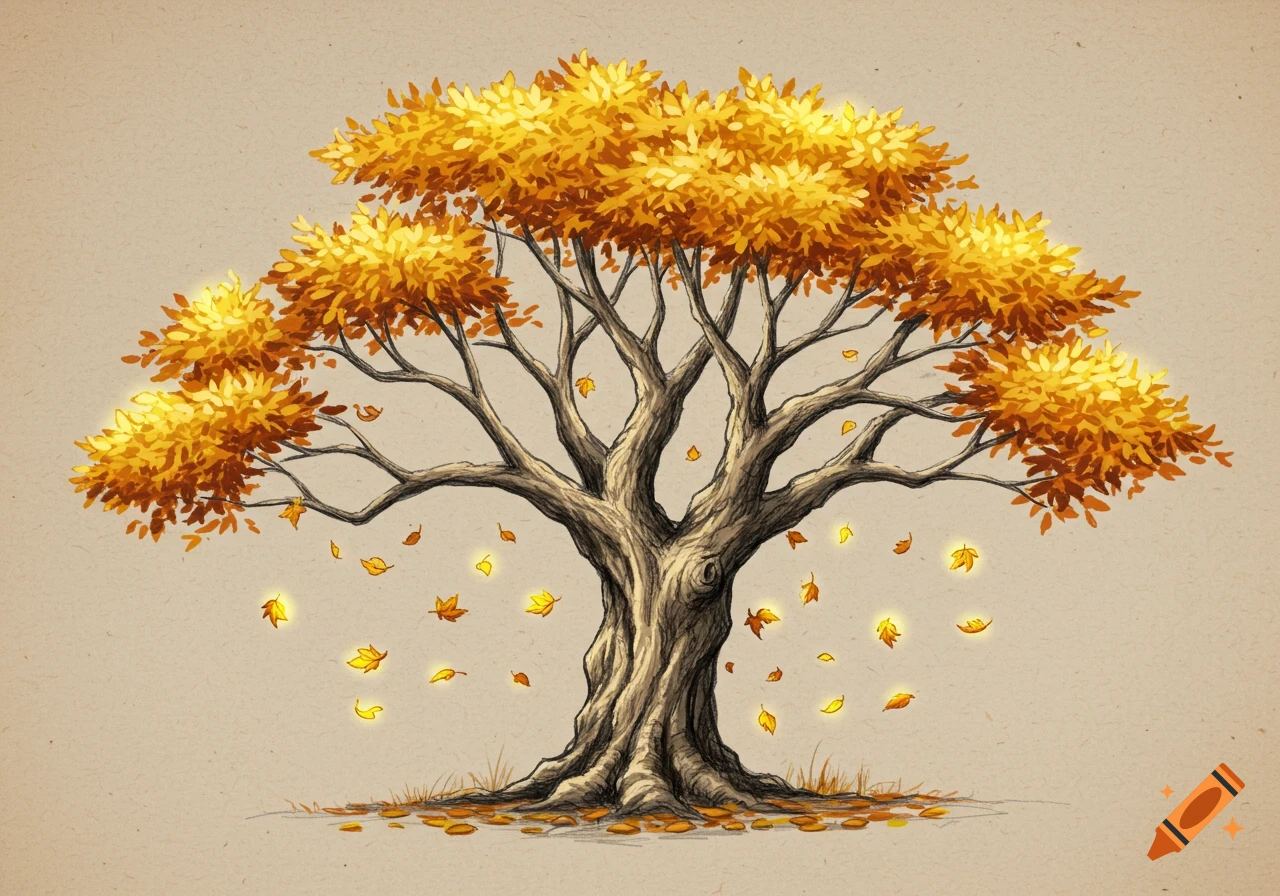 A sketch-like drawing of a fall tree with glowing golden leaves falling onto a light brown background.