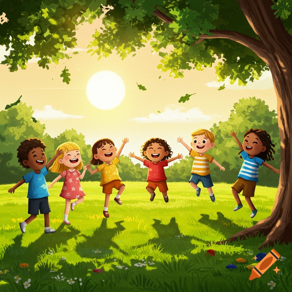Diverse children playing a game outdoors under a large tree on a sunny day in a cheerful cartoon style.