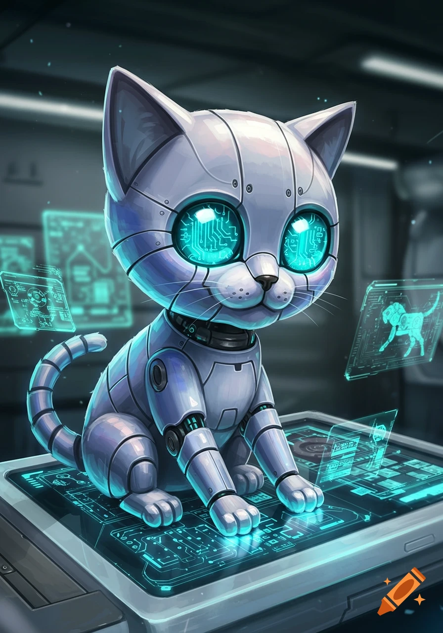 A cute silver robotic kitten with glowing blue circuit eyes sits on a futuristic console with holographic displays.