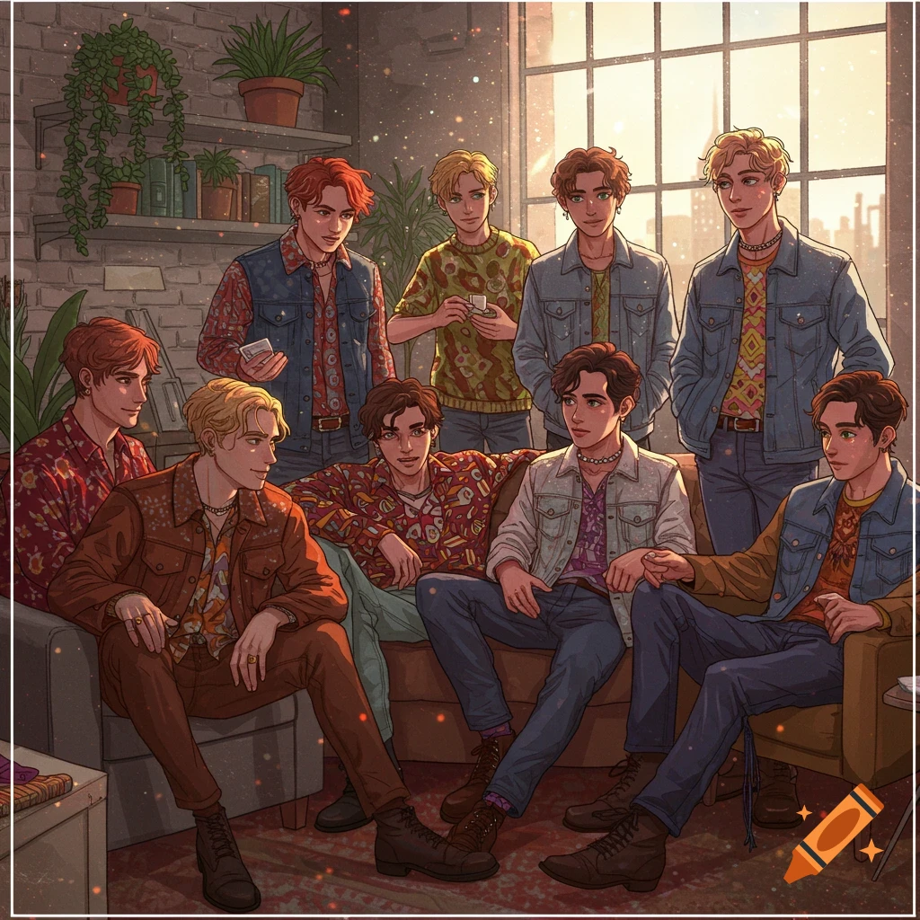 Digital illustration of eight young men in casual attire, relaxing in a cozy room with plants and a large window.