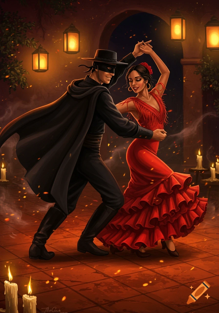 A masked man in black and a woman in a red ruffled dress dance flamenco under glowing lanterns in a dark, warm-toned illustration.