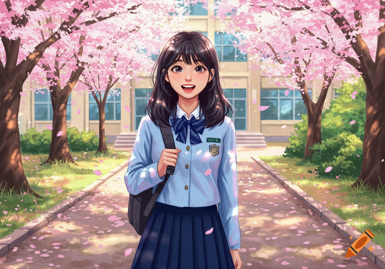An anime-style schoolgirl with dark hair, wearing a light blue uniform and a backpack, smiles in front of a school building with pink cherry blossom trees.