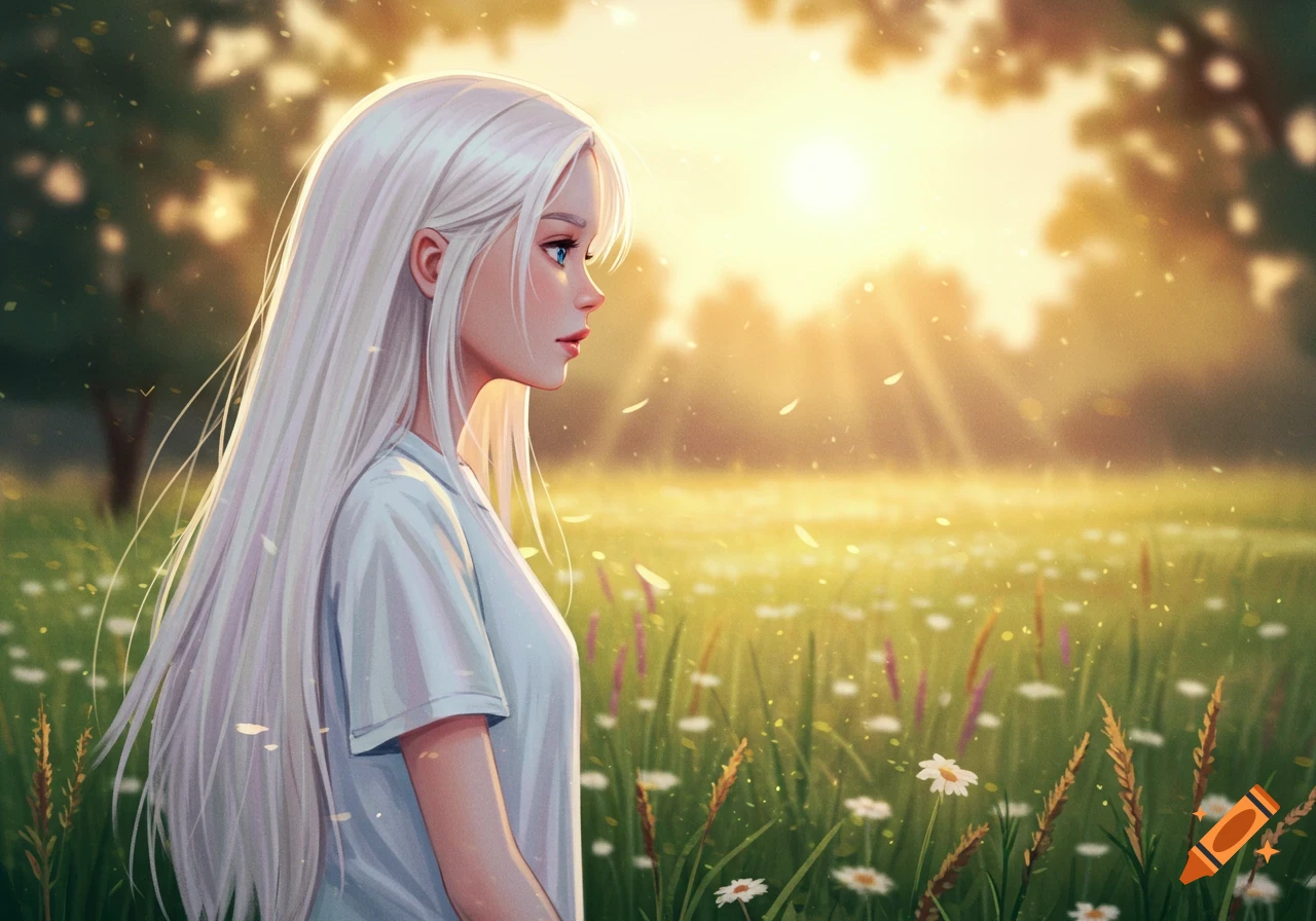 Anime-style young woman with long white hair looks left in a sun-drenched field with wildflowers and green trees.