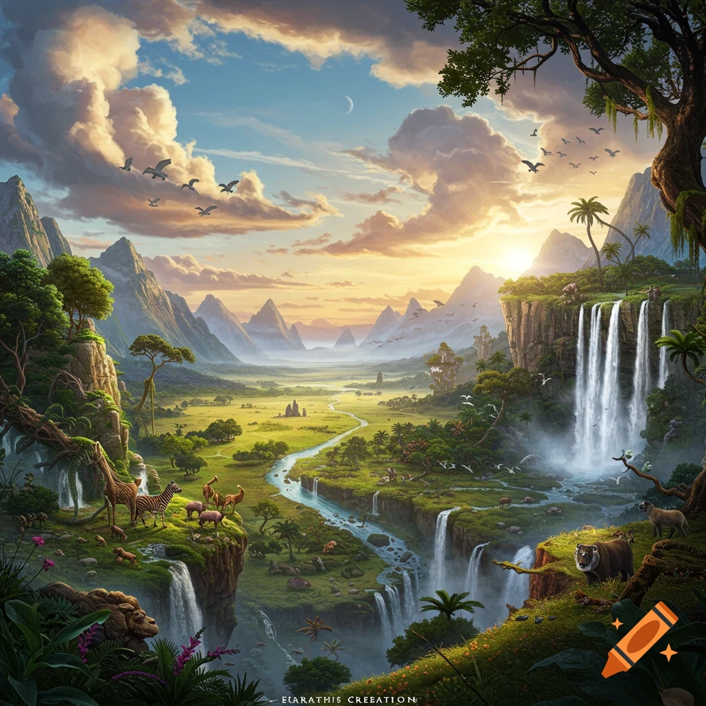 Vibrant fantasy landscape: majestic mountains, lush valleys, cascading waterfalls, rivers, and diverse animals like zebras and a tiger.
