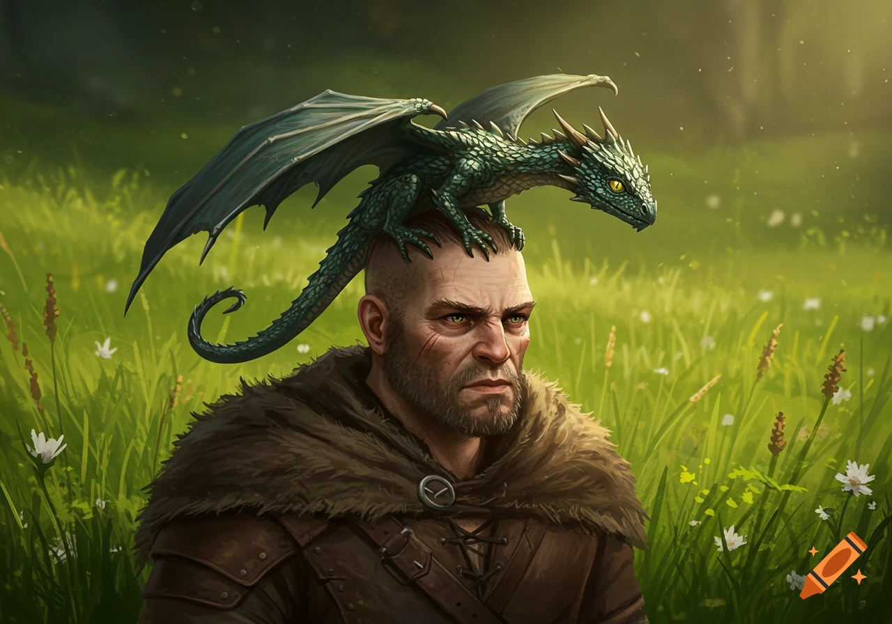 A grizzled man with green eyes and a fur-collared garment has a small green dragon perched on his head in a lush, grassy field.
