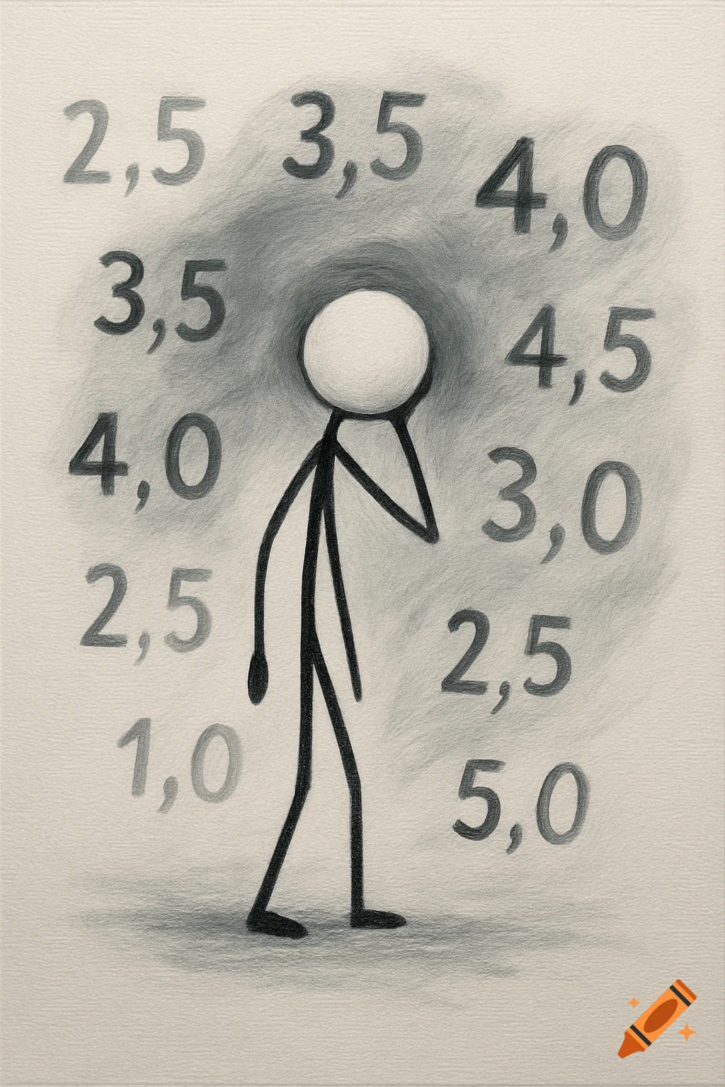 Pencil drawing of a puzzled stick figure with a white head, surrounded by floating numerical values like 2.5, 3.5, and 4.0.