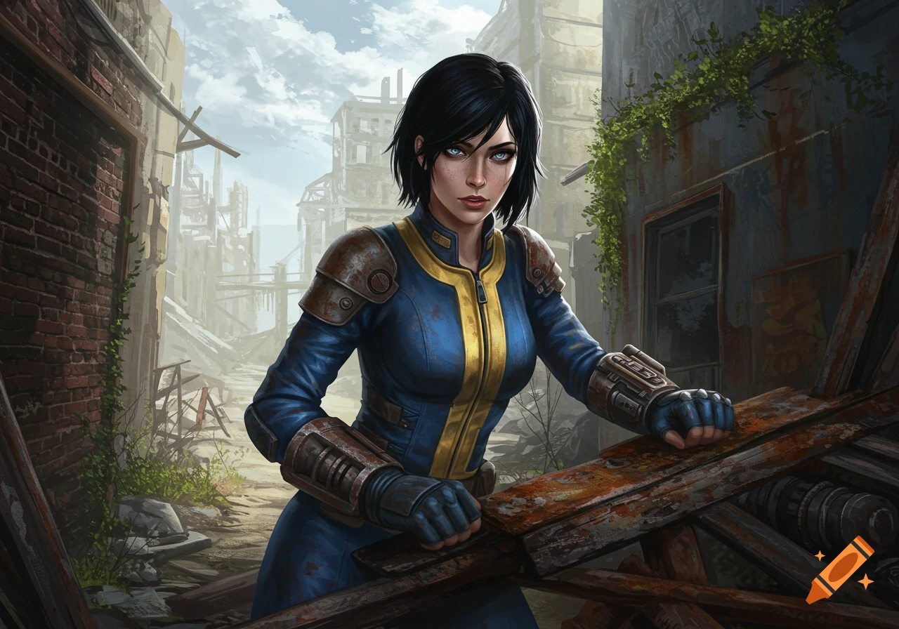 Digital illustration of a woman in a blue and yellow Vault Suit standing in a ruined, post-apocalyptic city.