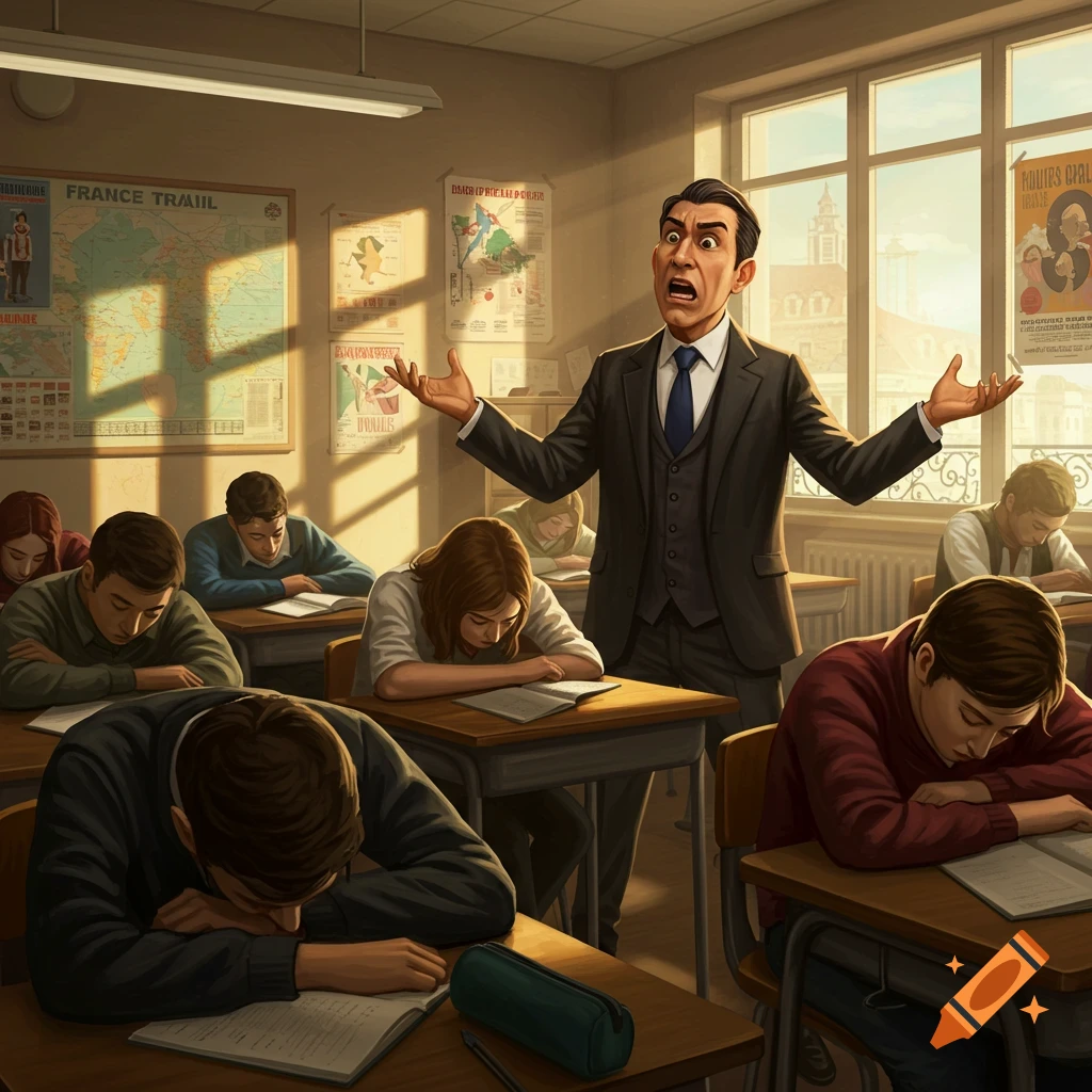 An angry teacher in a suit stands in a sunlit classroom, gesturing with open hands at several sleeping students slumped over their desks.