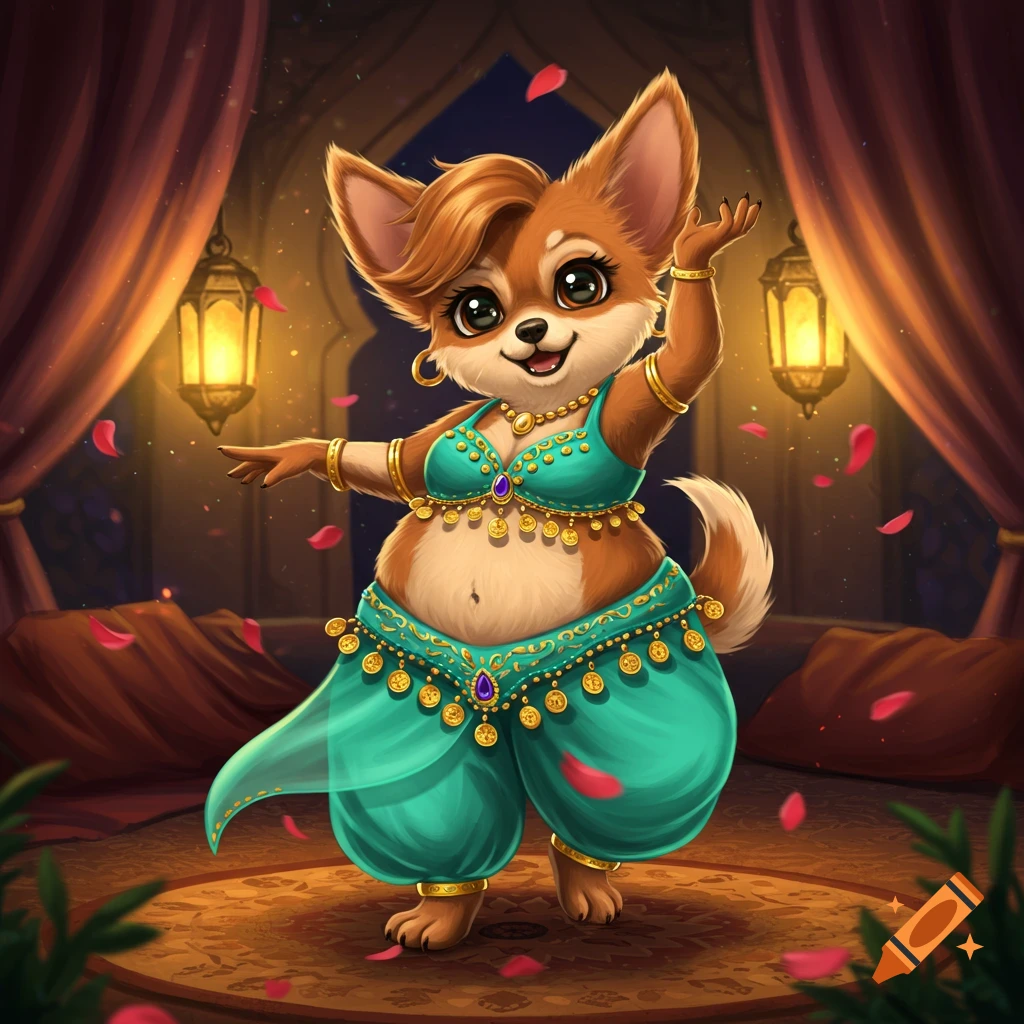 A cute, chubby anthropomorphic chihuahua in a teal belly dancer outfit poses in an opulent Arabian-themed room with rose petals.
