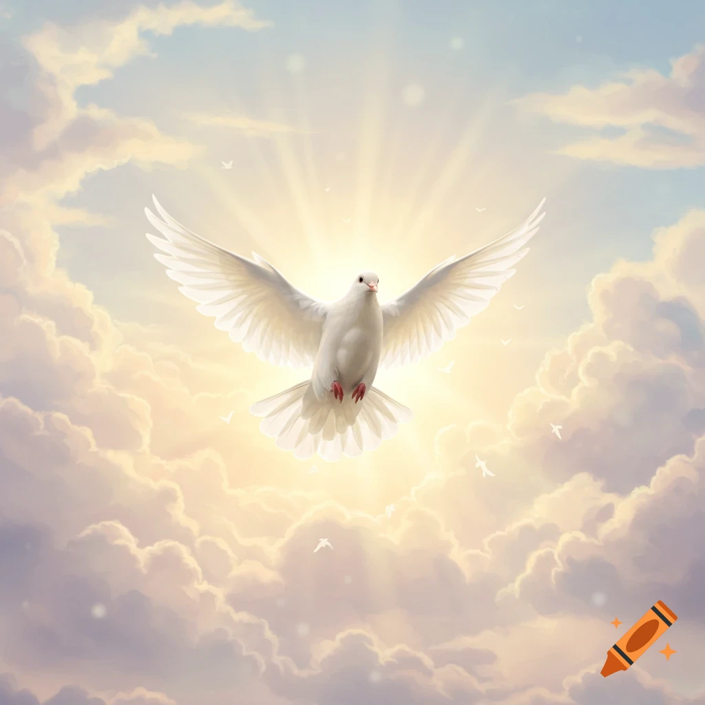 A white dove with outstretched wings flies through a radiant sky filled with glowing clouds and bright sun rays.