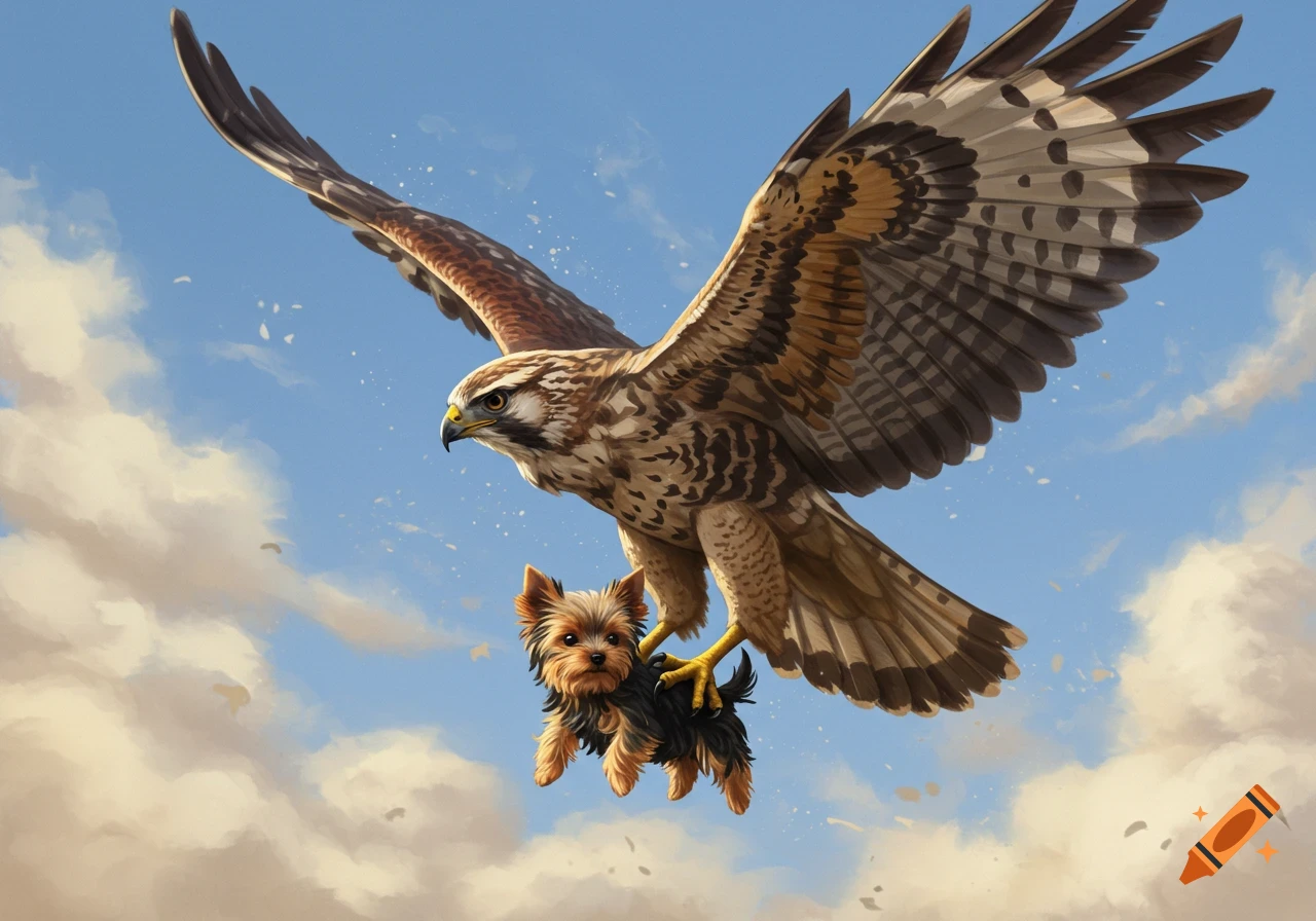 A large hawk with outstretched wings flies across a blue sky with clouds, carrying a small Yorkie in its talons.
