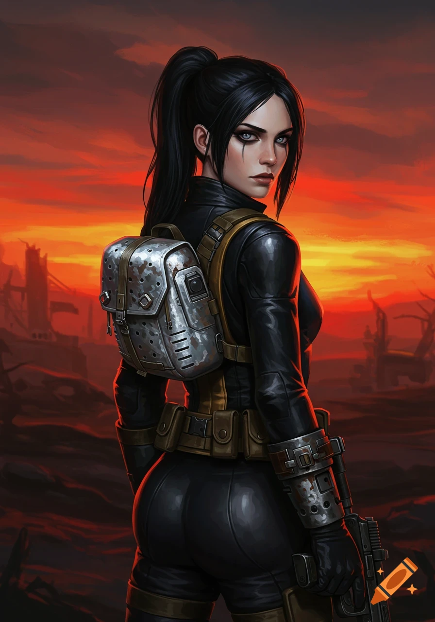 A woman with a black ponytail and blue eyes, wearing a black tactical suit, a metallic backpack, and holding a pistol, looks over her shoulder at a fiery red, post-apocalyptic sunset.