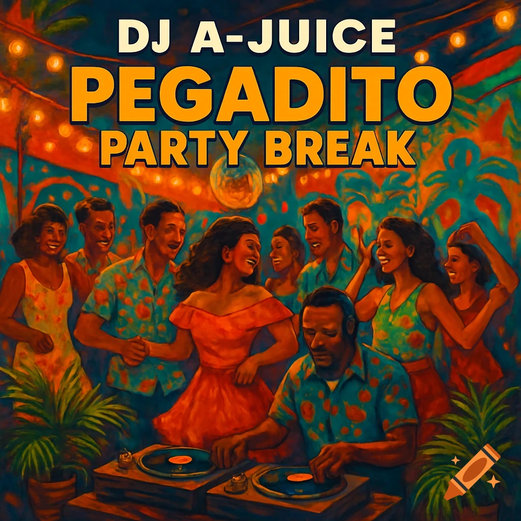 Vibrant painterly illustration of a DJ and people dancing at a tropical-themed party under string lights.