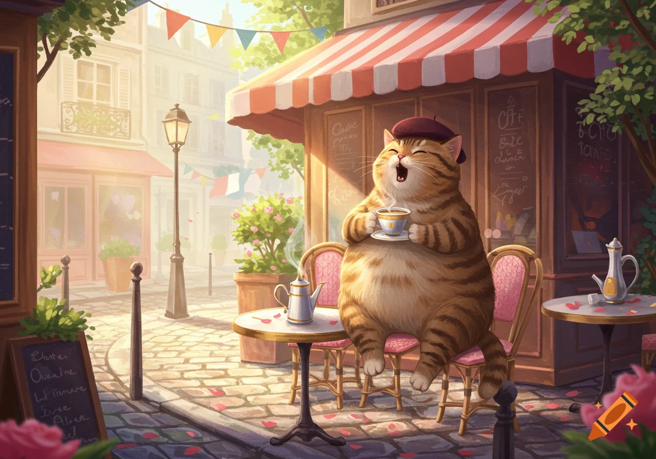 A plump tabby cat in a beret sings while holding a teacup at an outdoor cafe on a sunny European street, in an illustrative style.