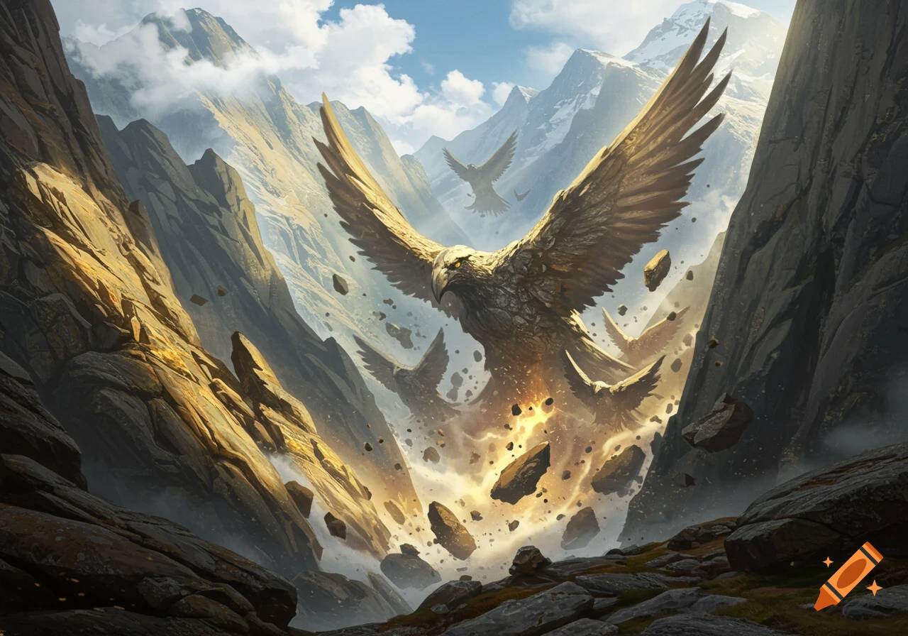 Colossal rock birds with golden wings soar through a dramatic mountain pass, emerging from an explosive rockslide, fantasy art.