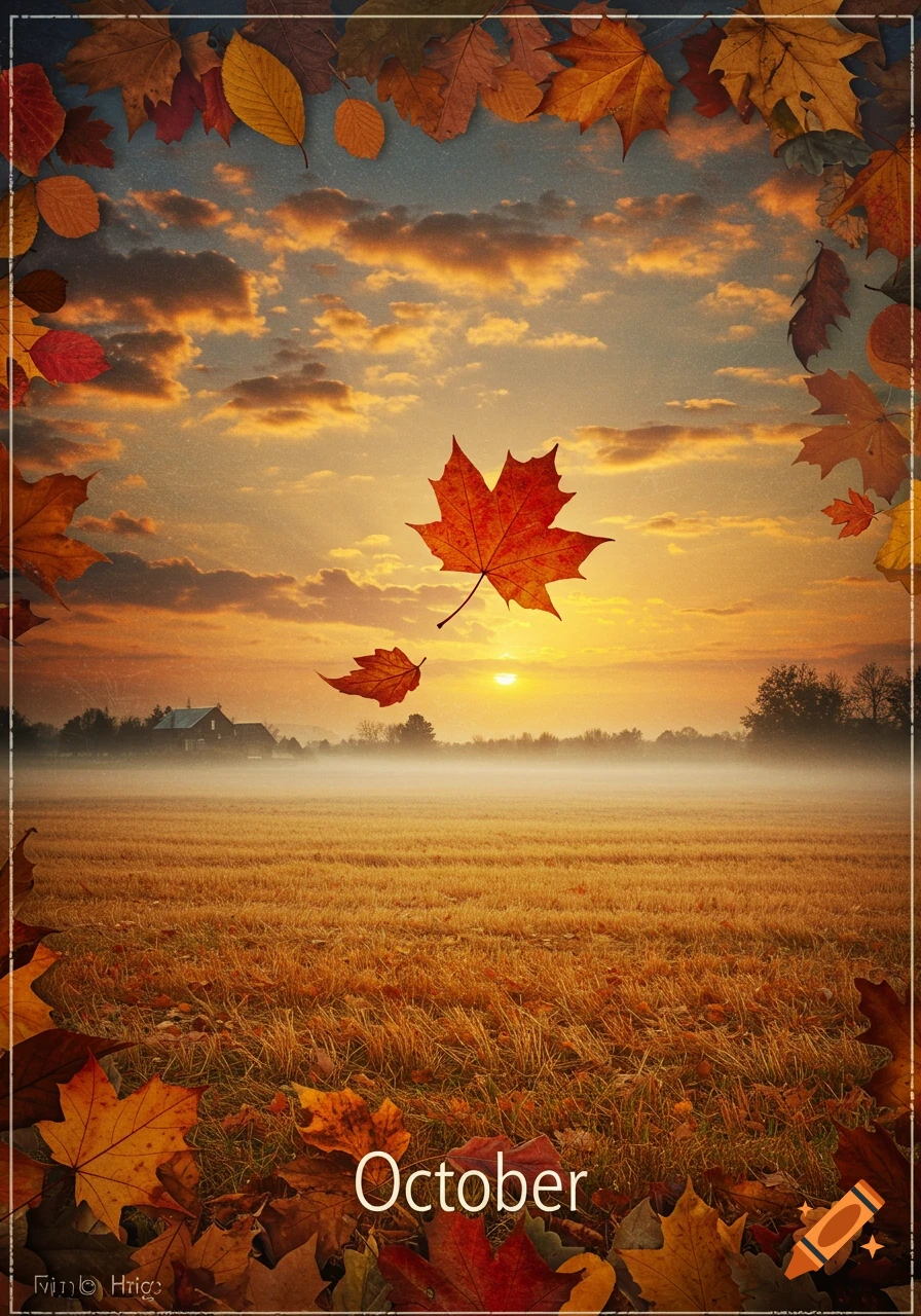 Vibrant autumn landscape with a golden field, hazy distant trees, and a sunset sky, framed by colorful falling leaves, with 'October' text.
