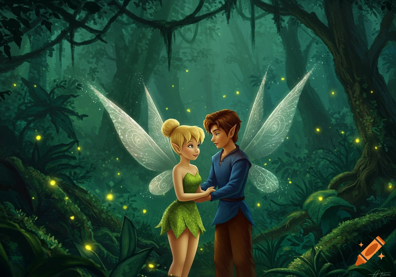 Tinkerbell and a male fairy hold hands in a magical, glowing green forest with fireflies, in a cartoon style.