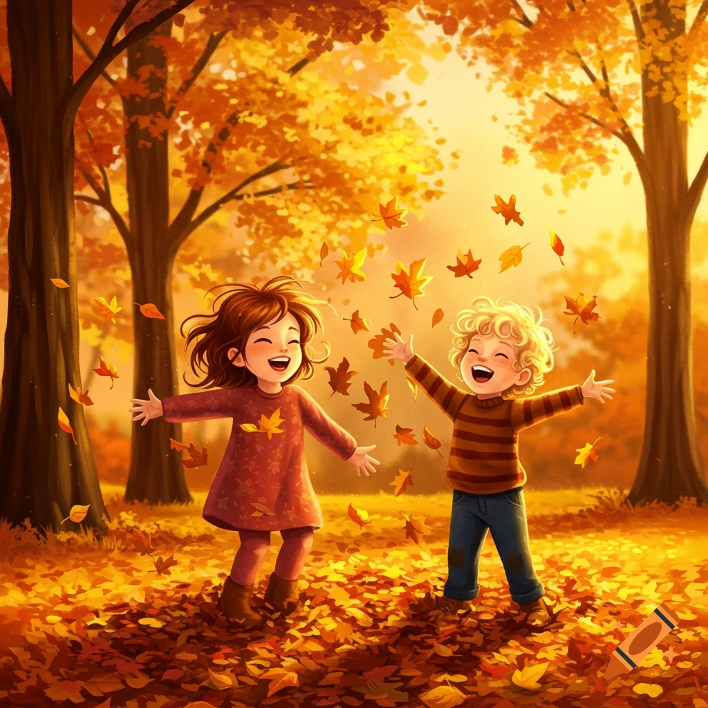 Two happy cartoon children joyfully play with falling autumn leaves in a sunlit forest. Vibrant illustration.