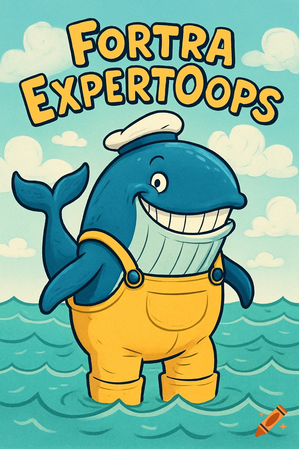 A happy cartoon whale wearing yellow overalls and a sailor's hat, standing in blue water under a sky with clouds. The text 'FORTRA EXPERTOOPS' is above its head.