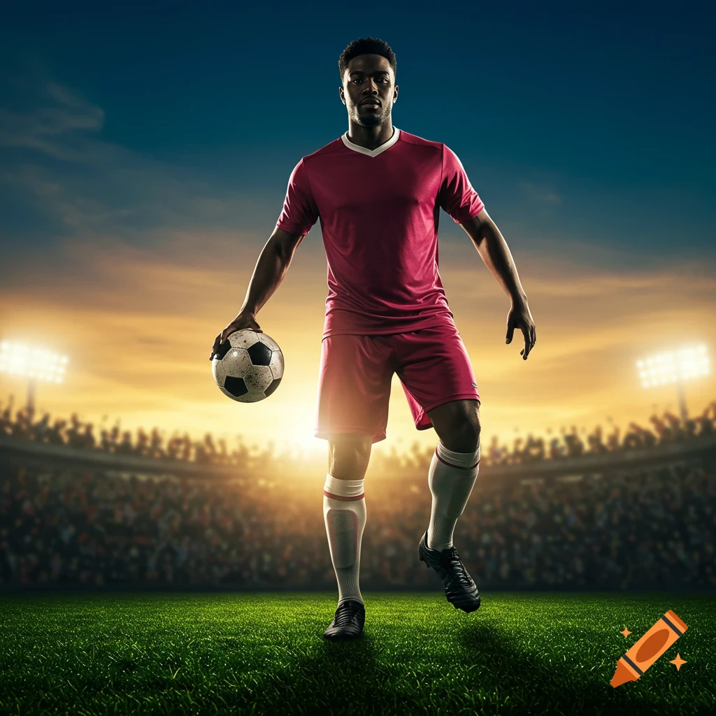 A photorealistic image of a male soccer player in a red uniform holding a ball on a stadium field at sunset.