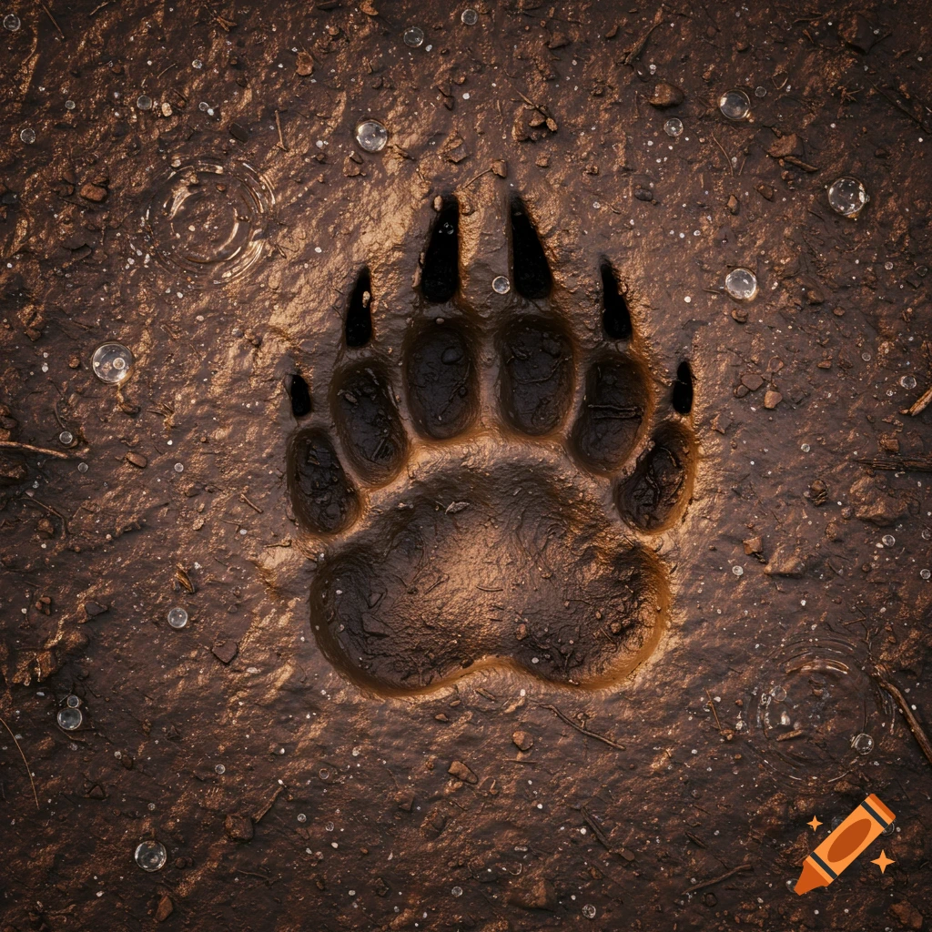 A photorealistic, top-down close-up of a deep bear paw print in wet mud, surrounded by water droplets and small ripples.