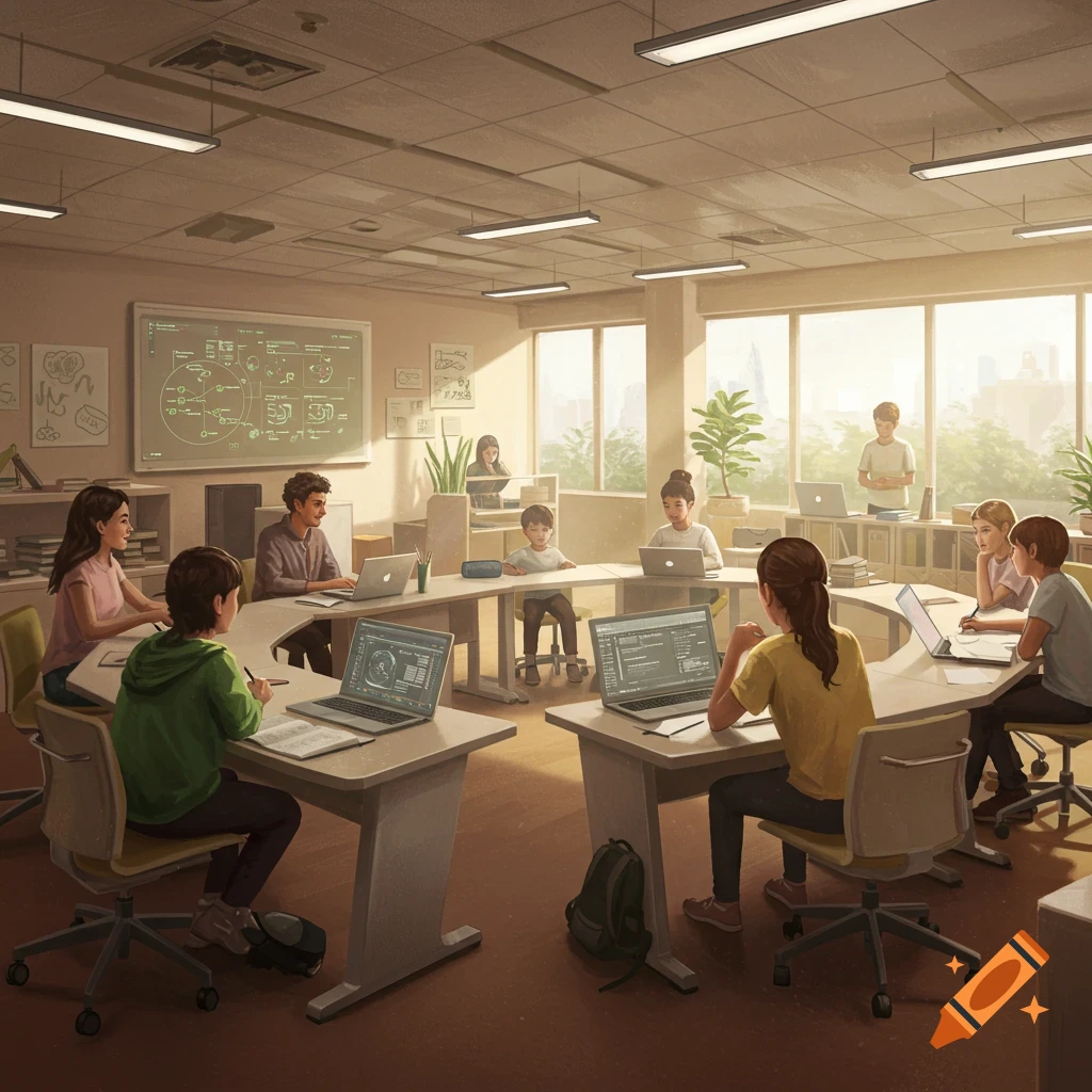 Students and adults learning in a modern classroom, working on laptops around semicircular tables, with a large whiteboard in the background.