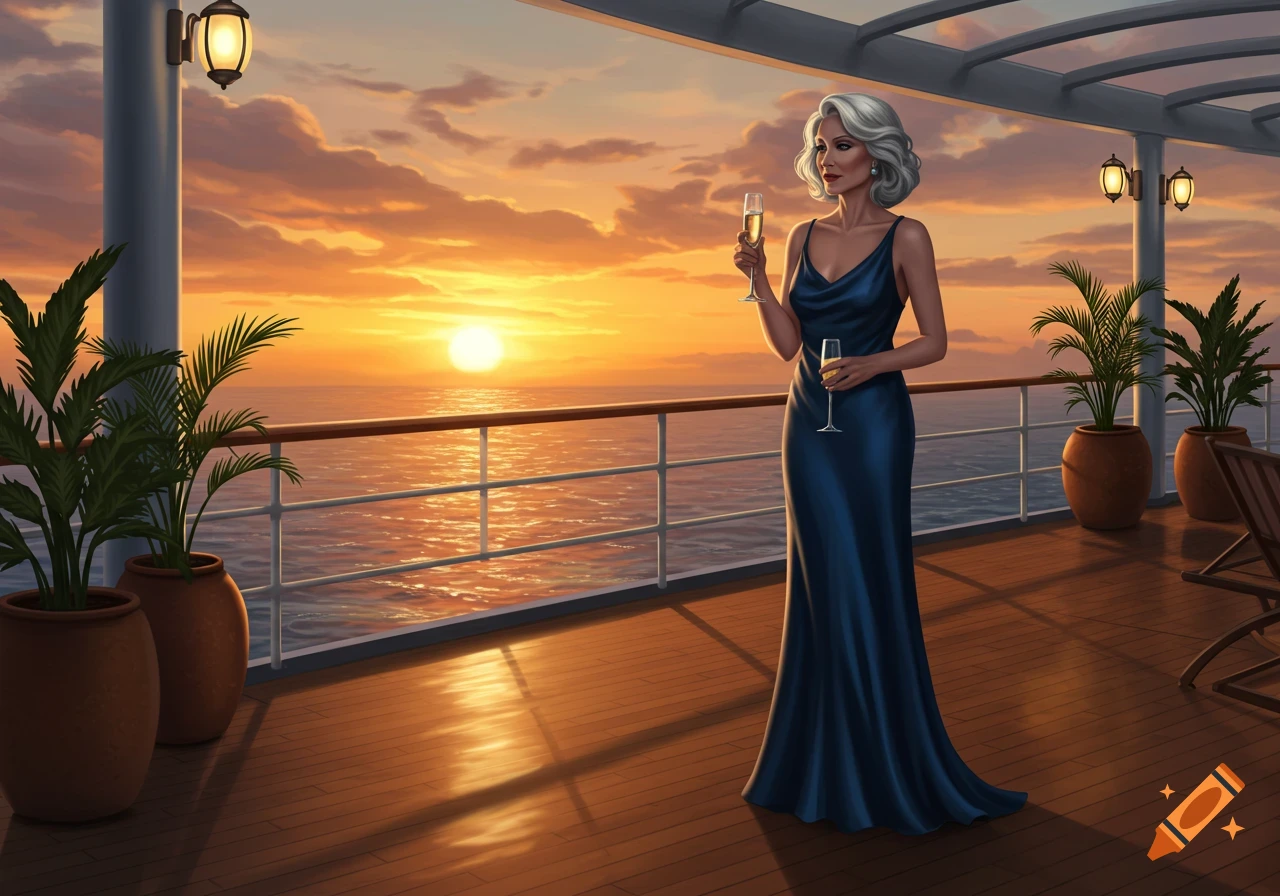 A woman in an elegant blue dress stands on a cruise ship deck, holding two champagne glasses, watching a vibrant sunset over the ocean.