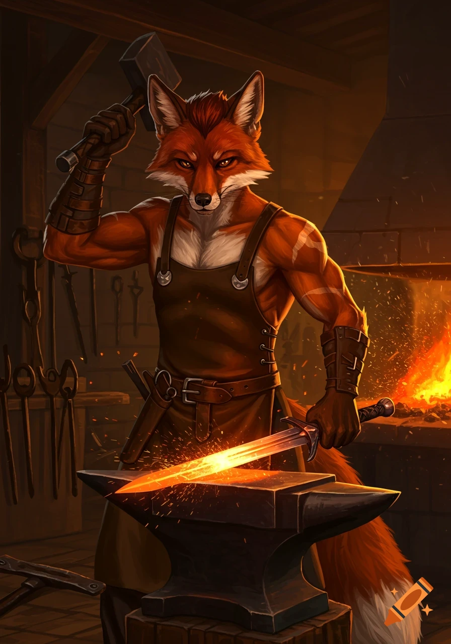 An anthropomorphic fox blacksmith in an apron hammers a glowing sword on an anvil in a fiery smithy. Digital artwork.