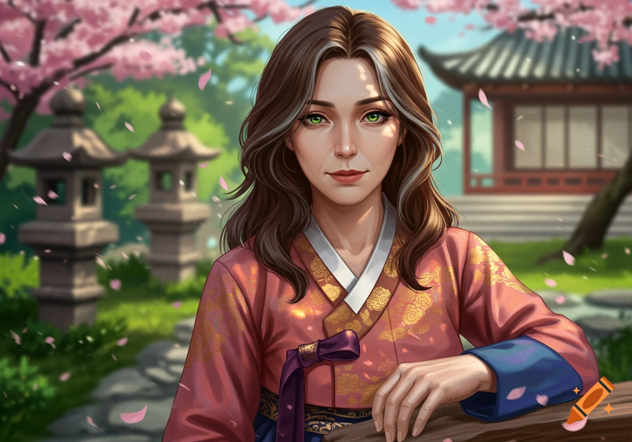 A woman with green eyes and brown hair with gray streaks, wearing a pink traditional Asian hanbok in a cherry blossom garden.