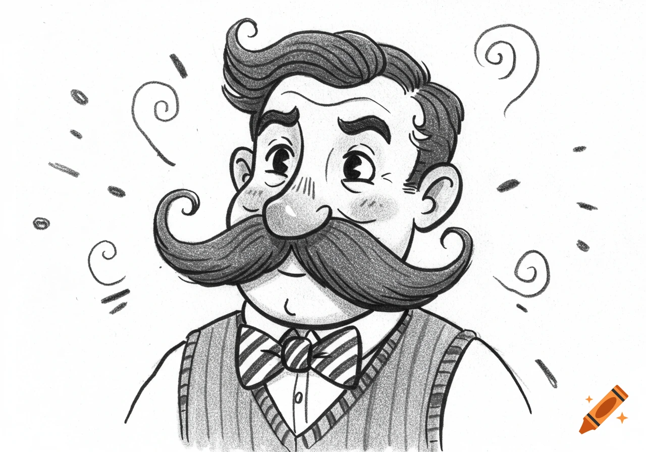 Black and white doodle of a man with a large curly mustache, wavy hair, and a bow tie, looking quizzical.