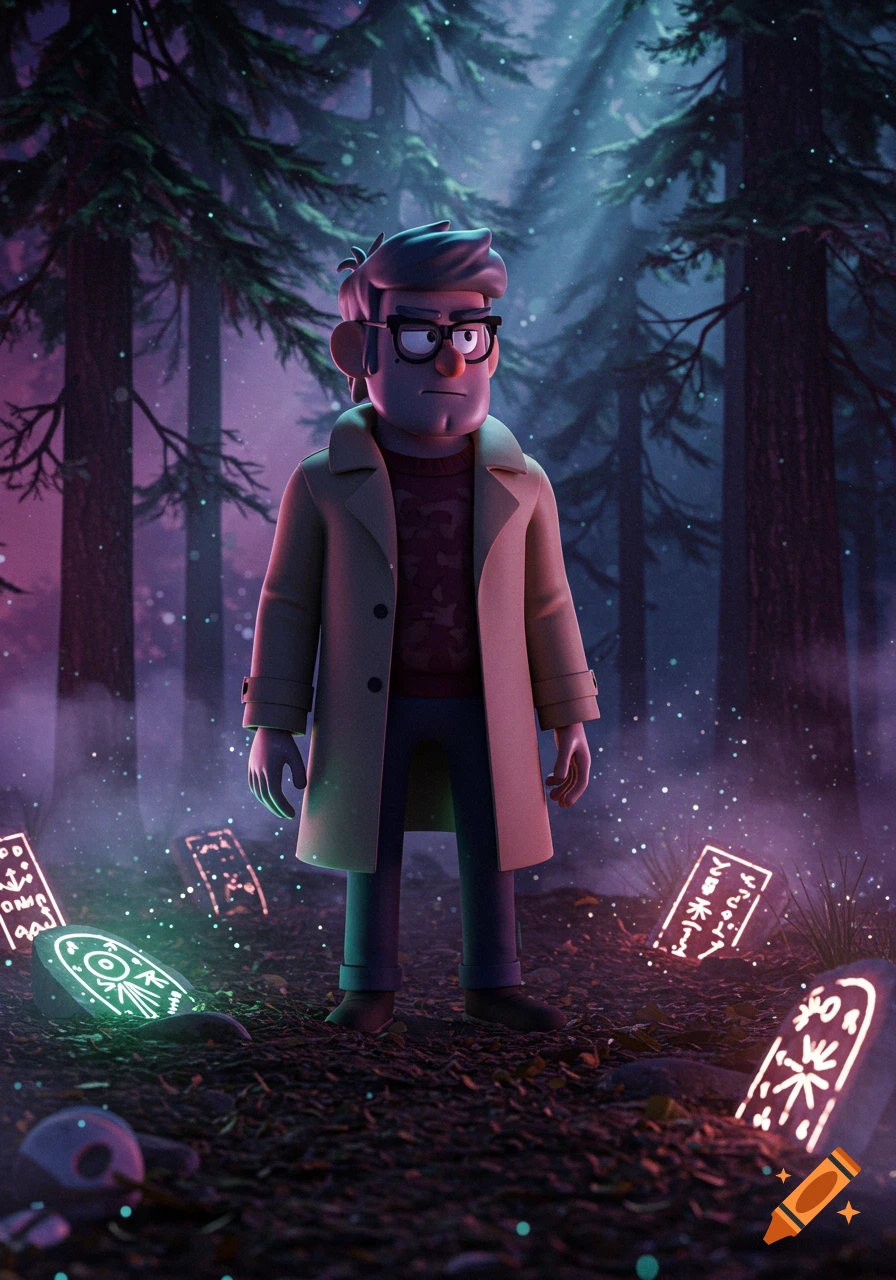 Cartoon man in trench coat and glasses in a dark, mystical forest with glowing runic tablets on the ground. 3D animated style.
