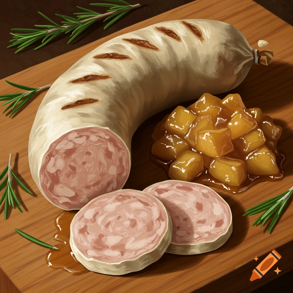 Sliced boudin blanc sausage with apple chutney and rosemary on a wooden board, in a stylized illustration.