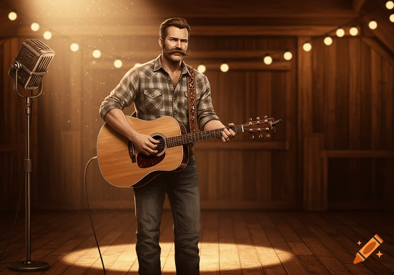 A country singer with a mustache plays an acoustic guitar on a wooden stage with string lights, illuminated by a spotlight.