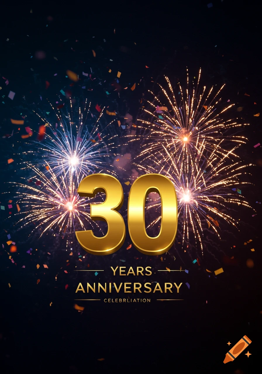 Golden '30 YEARS ANNIVERSARY' text over a dark background with vibrant fireworks and falling confetti, celebrating a 30-year milestone.