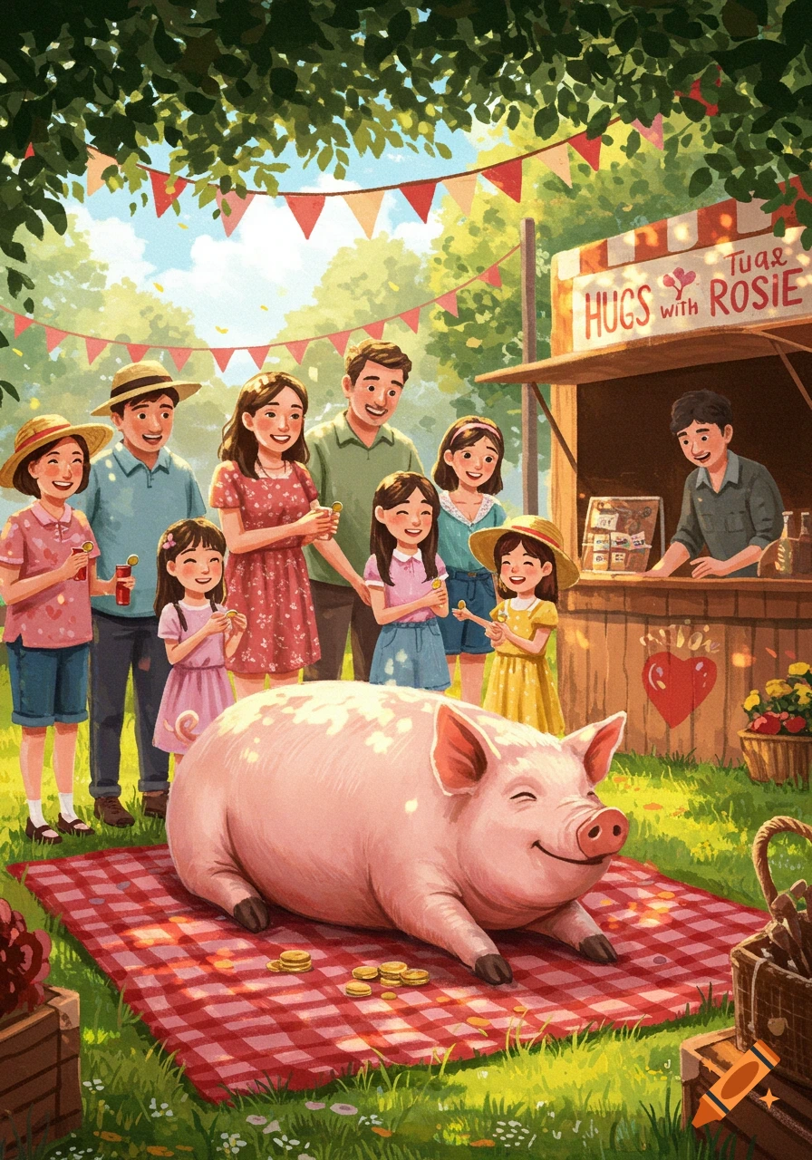 Smiling pink pig on a red blanket, surrounded by a happy family at an outdoor market stall, colorful illustration.