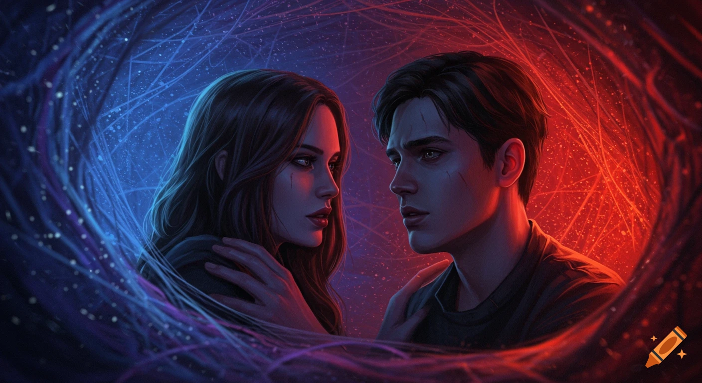 A man and woman gaze intently at each other, surrounded by glowing blue and red threads in a dark, ethereal, surreal scene.