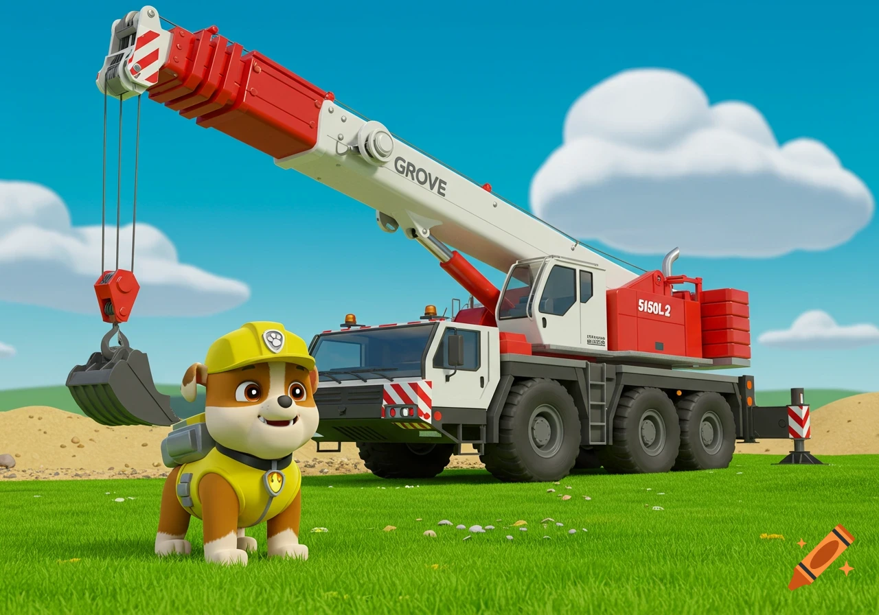CGI cartoon of Rubble from Paw Patrol in a yellow hard hat and vest, standing next to a large red and white GROVE 5150L.2 mobile crane in a grassy field.