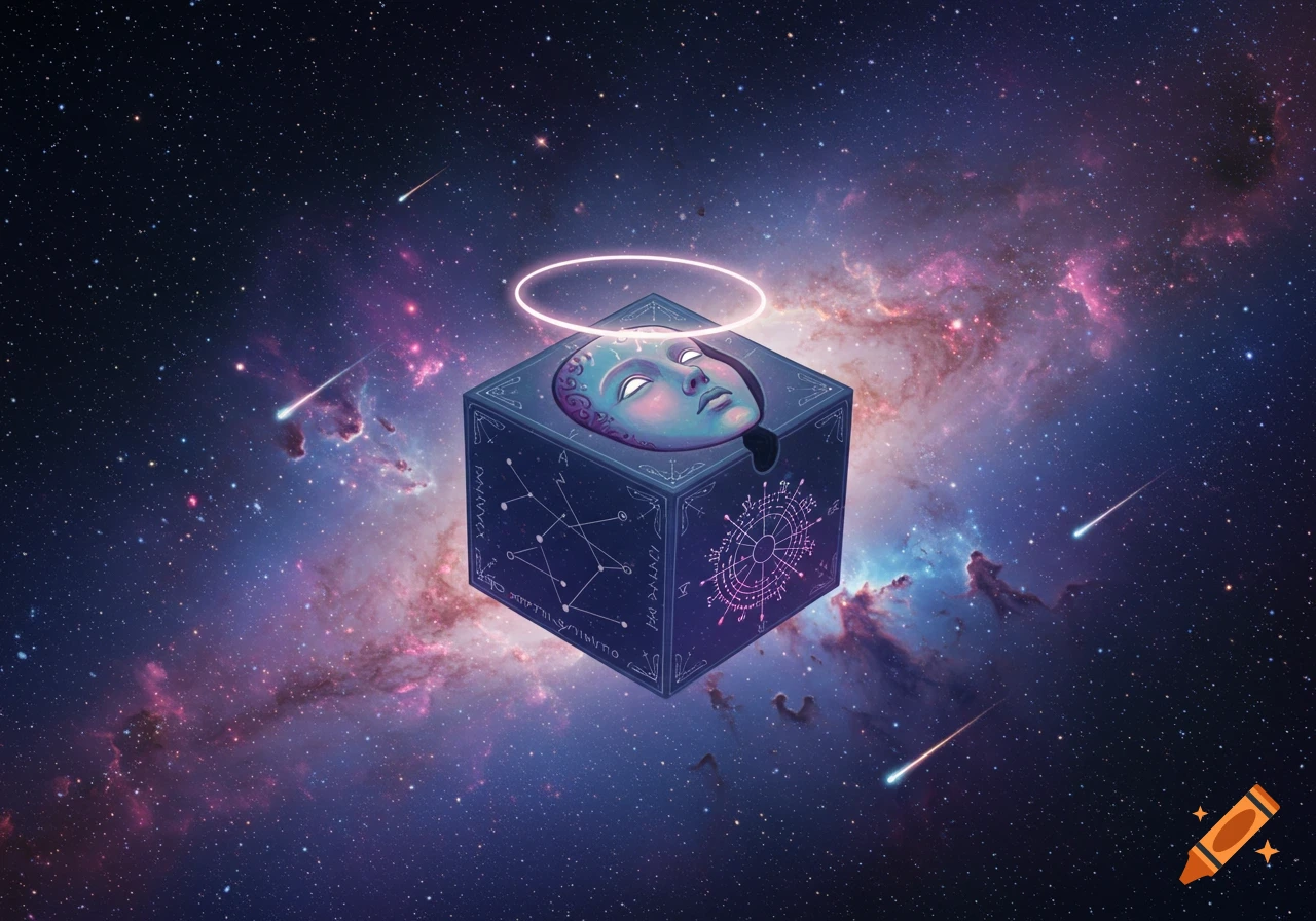 A stylized blue box with a serene blue human-like face emerging from the top, surrounded by a glowing pink halo, floats in a dark blue and purple nebula-filled space with shooting stars.