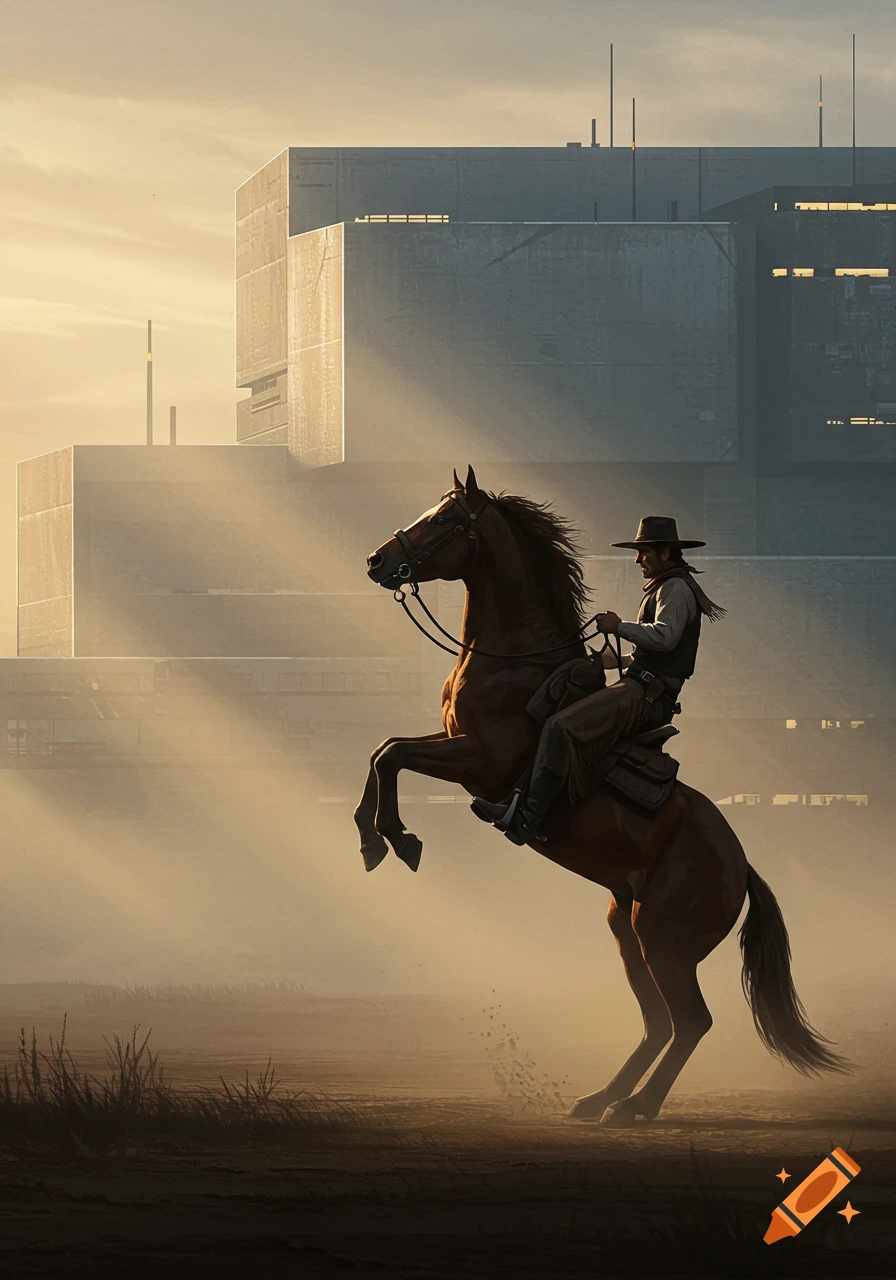 A cowboy on a rearing horse in a misty, dusty landscape with futuristic buildings in the background.