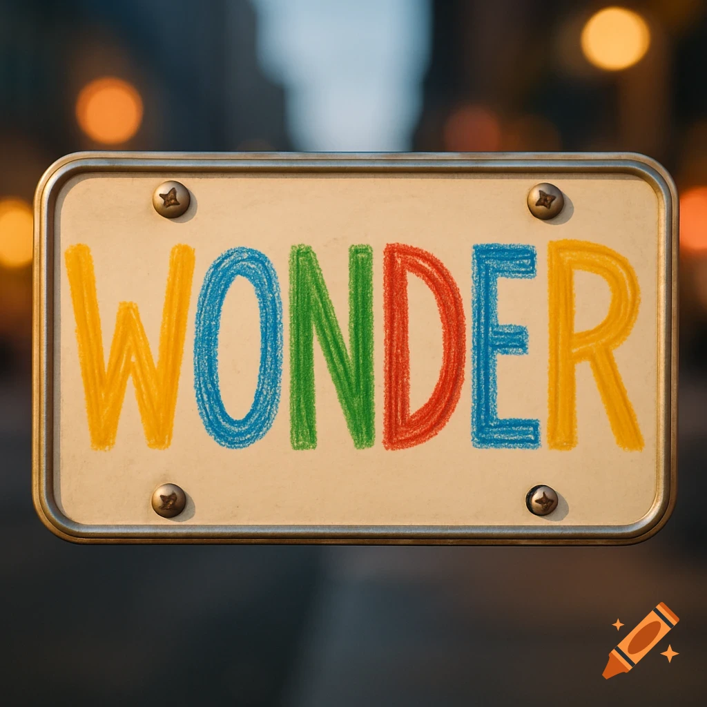 A close-up of a license plate with the word "WONDER" written in colorful crayon-style letters, against a blurred city background.